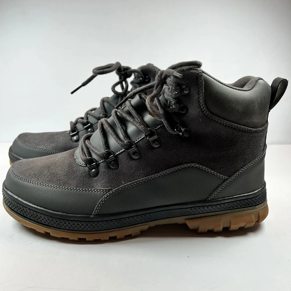Wondamo Men Grey Suede Leather Winter Snow Boots Lace Up Fur Lined Size 43 US 10